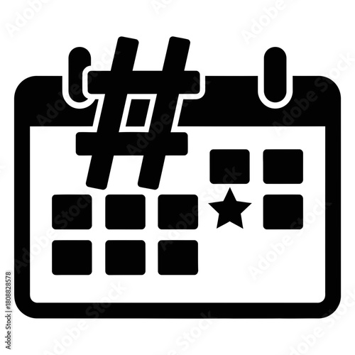 A clear icon depicting a calendar grid with a prominent hashtag symbol and a small star, symbolizing organized scheduling, important dates, and digital content planning