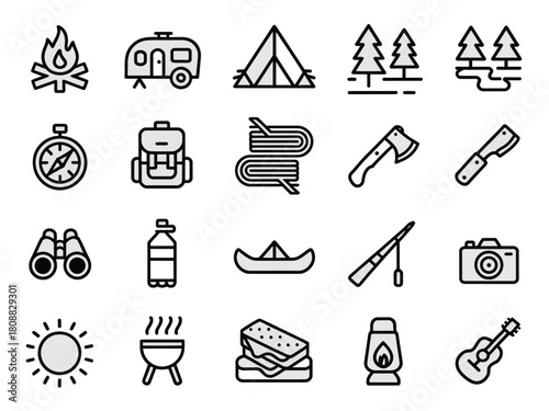 A collection of icons representing camping and outdoor adventure activities