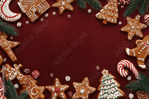 Christmas gingerbread cookies and fir branches forming a festive frame on a rich red velvet background with copy space