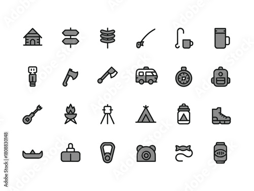 A collection of outdoor adventure and camping icons.