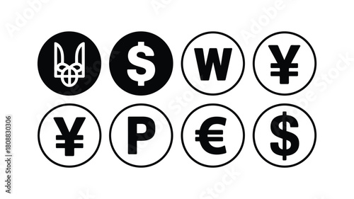 A collection of global currency symbols displayed within black circles.