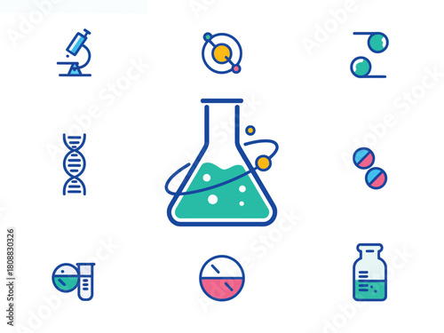 Collection of science and laboratory icons including a microscope, flask, and DNA strand.