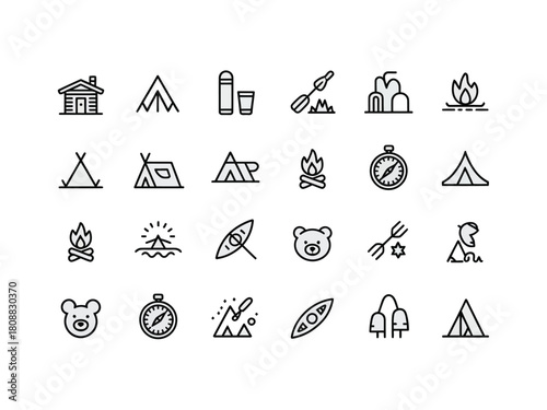 A collection of camping and outdoor adventure icons arranged in a grid.