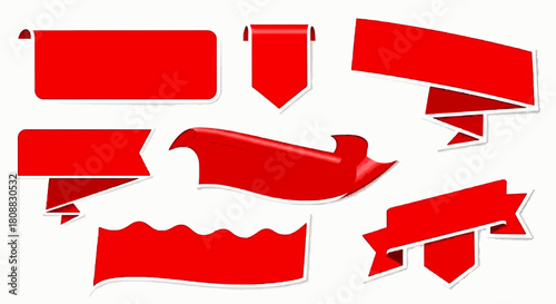 Collection of seven different red banner shapes with white outlines, isolated on a white background, for graphic design and promotional use.