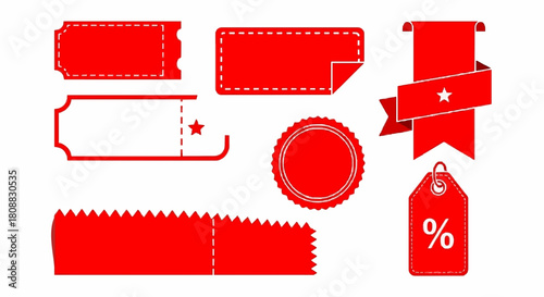 A collection of various red sale tags, promotional labels, discount stickers, and ribbon banners isolated on white.