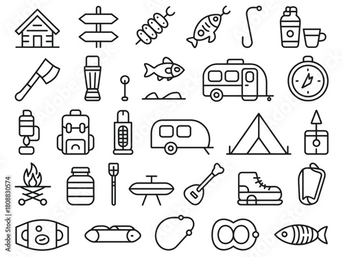 A collection of icons representing outdoor recreation and camping activities.