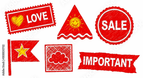 Various red textured graphic elements resembling stamps and labels, featuring a heart, sun, cloud, flag, and text like 'LOVE', 'SALE', 'IMPORTANT'.