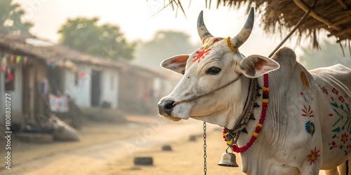 Decorated ox in a village setting with traditional indian architecture