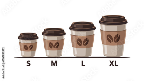 Four coffee cups are shown in increasing sizes, labeled S, M, L, and XL.