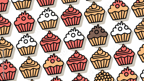A repeating pattern of colorful cupcakes with frosting and sprinkles fills the frame.