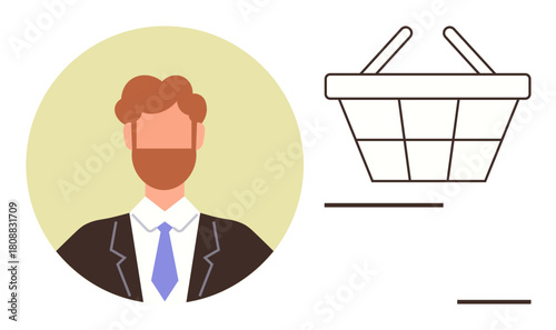 Businessman in suit with tie alongside shopping cart portrays trade, retail, customer service, business solutions, marketing, online store, decision-making. Simple flat metaphor