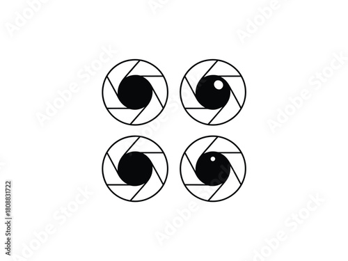 Four camera lens aperture icons create a visual pattern against a white background.