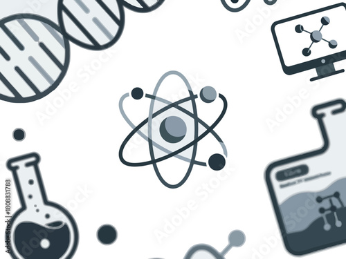 Abstract representation of atomic structure and scientific concepts.