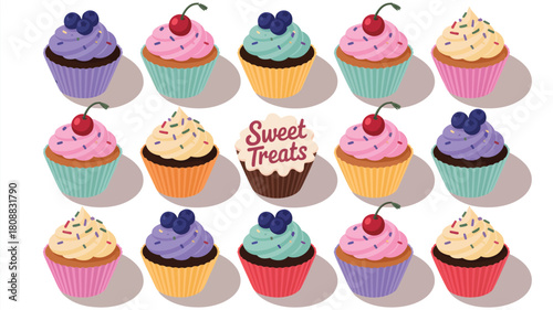 A delightful collection of assorted colorful cupcakes with decorative toppings are neatly arranged.