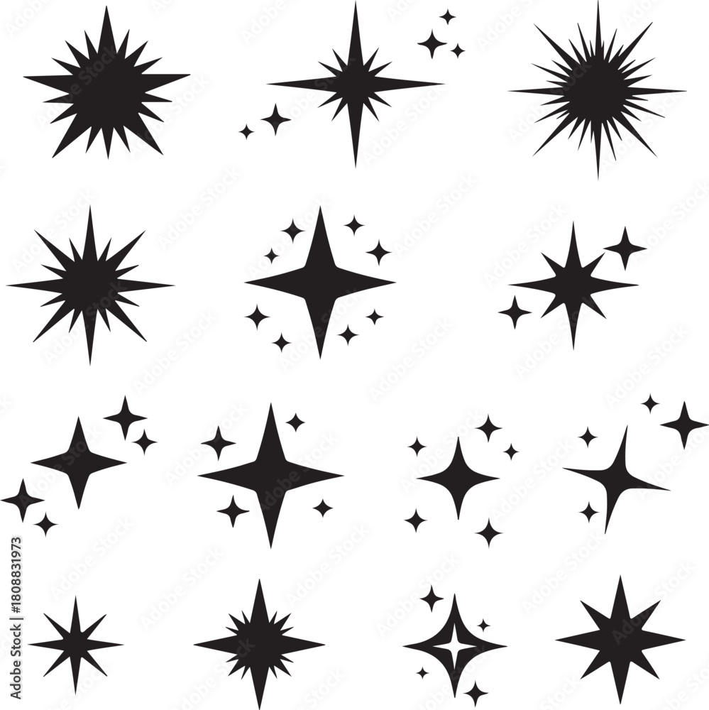 Fototapeta premium Collection of various style black stars sparkles vector graphics designs
