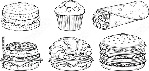 Hand-drawn fast food and bakery illustration set featuring burgers, wraps, croissants, muffins and assorted dessert items in outline vector style