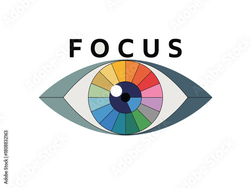 The eye symbolizes focus and vision with a spectrum of colors in the iris.