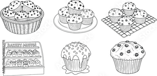 Hand-drawn muffin illustration collection featuring bakery muffins, cupcake-style treats, baskets, racks and sweet dessert elements in clean outline vector style