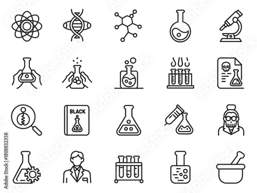 A collection of science and chemistry icons for research and development.
