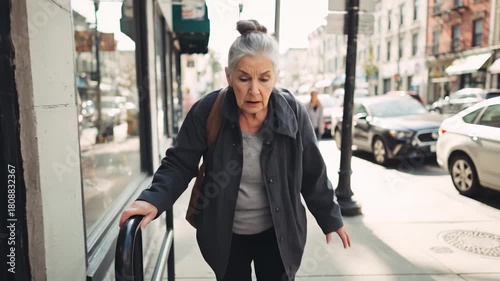 Senior woman stumbles on street. Elderly lady loses balance outdoors. Mature female almost falls walking. Shocked grandmother catches herself quickly.