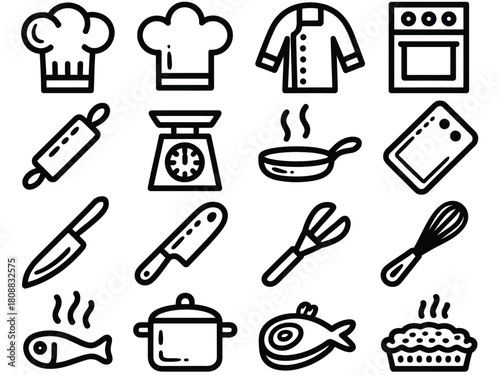 A collection of culinary icons representing food preparation and cooking tools.