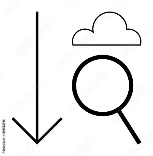 Downward arrow, cloud, and magnifying glass symbolizing data download, cloud computing, and analysis. Ideal for technology, data processing, cloud research, online storage investigation simplicity