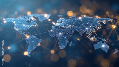 Global connections across the world map with glowing network nodes, representing international business and digital transformation for a connected future