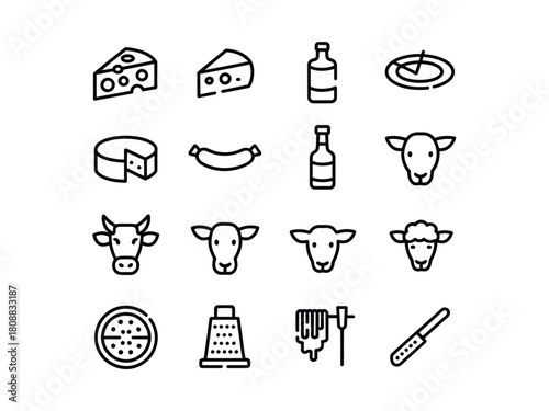 A collection of stylized icons representing dairy products, meat, and related tools.