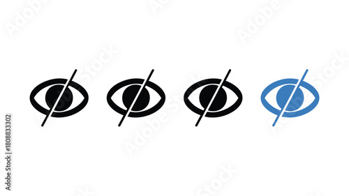 A row of four eye icons, three black and one blue, with a diagonal line through them, indicating visibility or privacy.