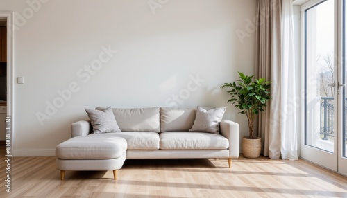 Bright and Spacious Modern Living Room with a Cozy Sofa and Indoor Plant by Large Windows