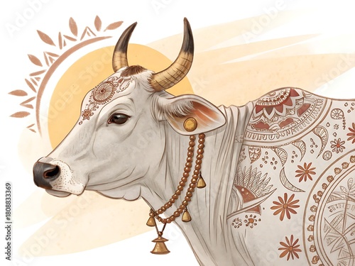 Ornate sacred cow with decorative patterns and bell