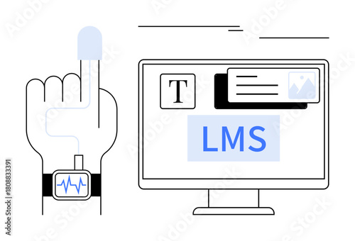 Hand with smartwatch displaying heartbeat and finger tap near a computer screen with LMS software interface. Ideal for e-learning, technology, education, health monitoring, user experience, digital