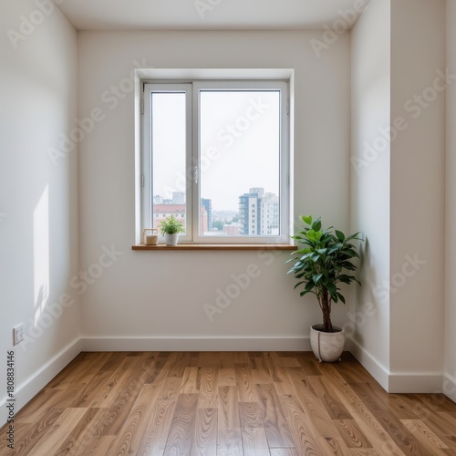 Bright and Minimalist Room with Large Window and Potted Plant in Urban Setting
