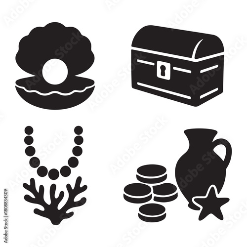 Collection of black silhouette icons depicting treasure pearls and ancient artifacts vector illustration set