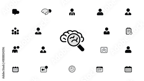 Magnifying glass examines a brain icon amidst other user profile icons.