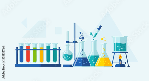 Illustration of laboratory glassware including test tubes, flasks, beakers, and a dropper, filled with colorful liquids, set against a light blue background.