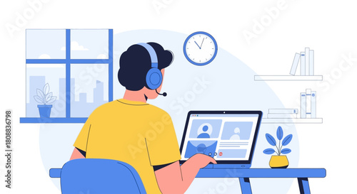 An illustrated person wearing headphones with a microphone participates in an online video conference from a home office setup.