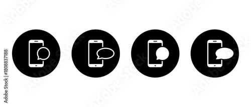 Mobile chat icon set in black circle. Smartphone with speech bubble symbol