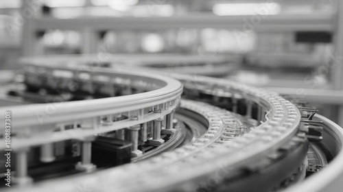 Black and white photograph of a model train track. the track is circular in shape and appears to be made of metal.