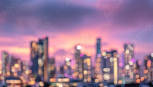 Wallpaper Mural Blurred cityscape with bokeh lights at dusk, pink and purple sky Torontodigital.ca