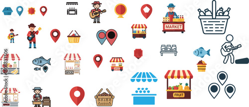 Local Market Map Icons Set Illustration