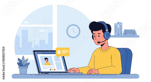 Man with headset using laptop for video call, with cityscape view through window and shelf with books in the background.