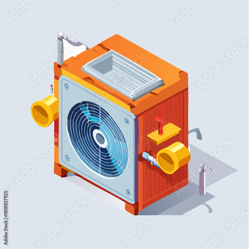 Isometric vector illustration of an hvac unit. Detailed representation of a modern climate control system with fan and pipes for heating and cooling