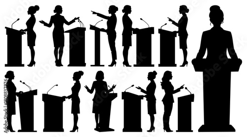 Professional Business Woman Speaking at Podium, Black Silhouette Vector Set, Transparent Background