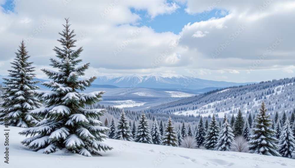 Fototapeta premium Snowy Landscape With Evergreen Trees Under Cloudy Blue Sky In A Mountainous Region