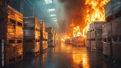 Warehouse engulfed in flames with stacked goods on pallets showing the devastating impact of fire damage and potential business disruption