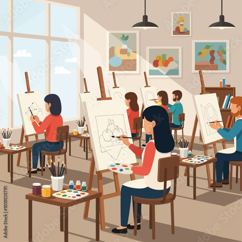An art class in session, with students painting at easels in a bright studio filled with artwork and natural light.