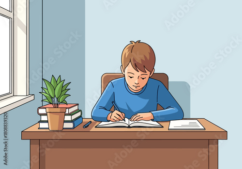 A young boy diligently studies at his desk, writing in a notebook next to a stack of books and a plant.