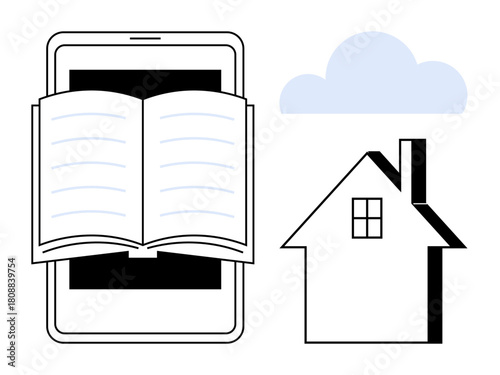 Open book on tablet screen beside simple house and cloud art. Ideal for online education, remote learning, e-books, technology integration, digital libraries, modern homes, simple flat metaphor