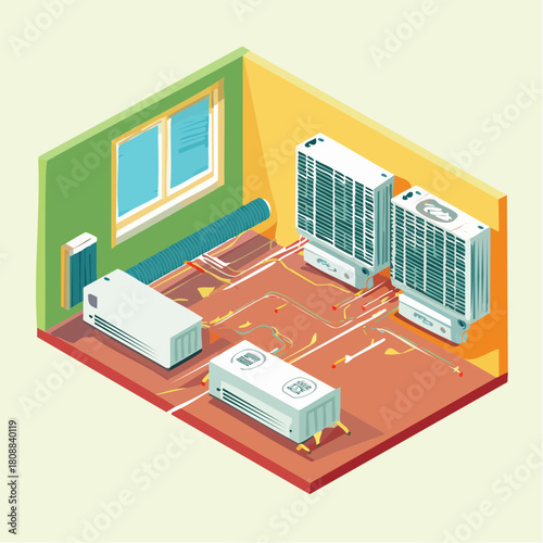 Modern hvac system installation concept illustrating advanced climate control equipment and efficient energy management solutions in a detailed isometric room layout